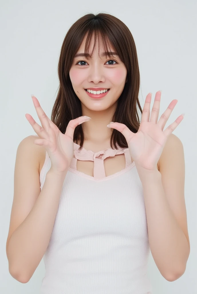 Only one smiling woman poses wearing cute pajamas with only her shoulders exposed, making a firm big heart shape with both hands, and holding them in front of her chest, View above collarbone、The background is a monotone 、
