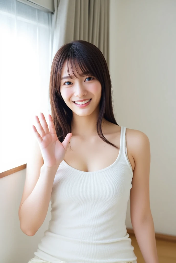 Only one smiling woman poses wearing cute pajamas with only her shoulders exposed, making a firm big heart shape with both hands, and holding them in front of her chest, View above collarbone、The background is a monotone 、
