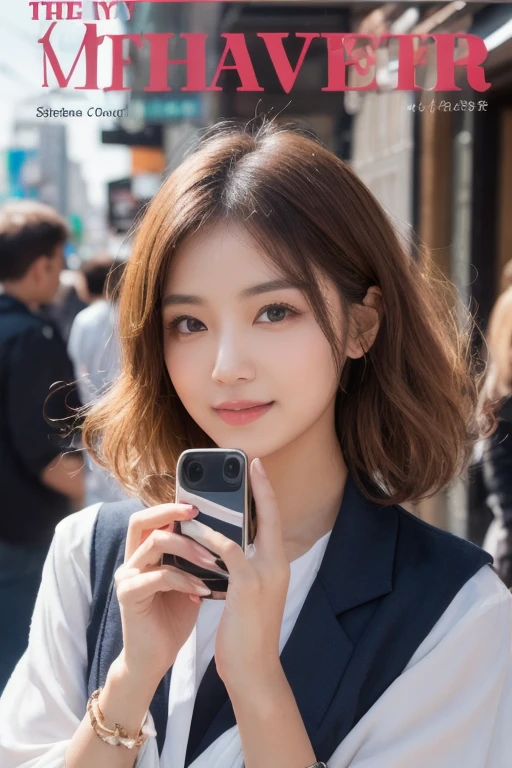 Black eyes, looking at smartphone, reading cartoon on smartphone, smartphone, holding smartphone in hand, 1girl, natural light, top quality, masterpiece, very delicate and beautiful, very detailed, 8k, attention to detail, super detailed, high resolution, very detailed, beautiful detailed girl, waist up portrait, very detailed eyes and face, beautiful detailed eyes, (RAW photo, best quality), (real, Photorealistic: 1.3), Lights, Black jacket, (Triangular face)), (Light brown hair: 1), Long hair, (Big Governor's Eyes), (Puffy Eyes)), (Small))), (Paranoid Breasts)), (K-pop Idol), Bangs, ((Wall Background)), Blank Wall, Skinny, ((Pause)), (Smile), Happy,Looking at the viewer, facing the front --auto --s2
