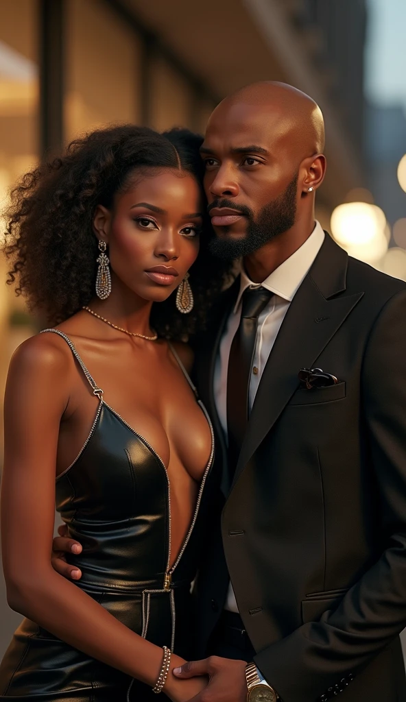 A beautiful blac girl standing with a handsome rich man wearing shirt with unbuttoned