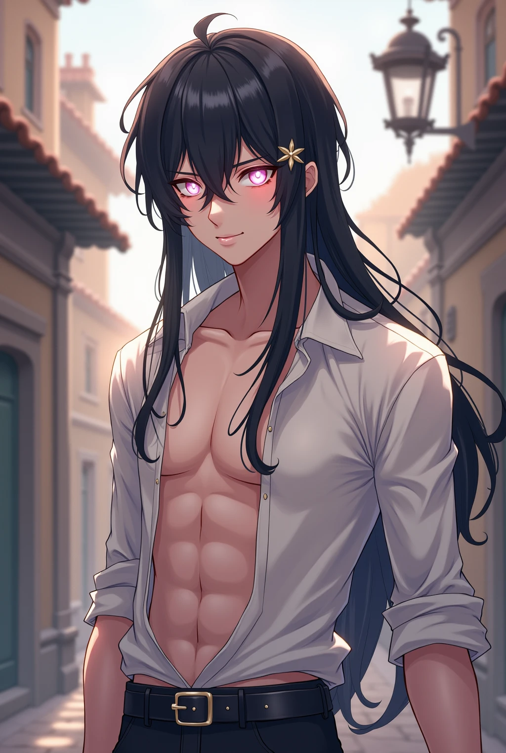 A guy with long black hair, Beautiful face, grey eyes, Beautiful skinny body, pale skin, lifts up his shirt and holds it in his teeth, realistically, masterpiece, Best quality, detailing, anime art, фотоrealistically