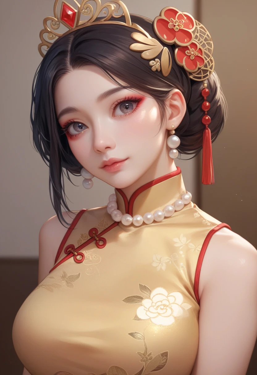 There is a woman in a cheongsam, 2 , 2 , 2 , 3 , delicate makeup, Ye Wen, 2 , round face, cute lian, gold tiara, pearl necklace, jade hairpin