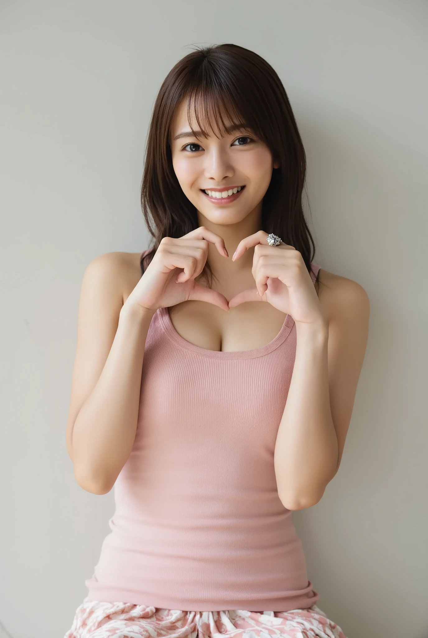 Only one smiling woman poses wearing cute pajamas with only her shoulders exposed, making a firm big heart shape with both hands, and holding them in front of her chest, View above collarbone、The background is a monotone 、
