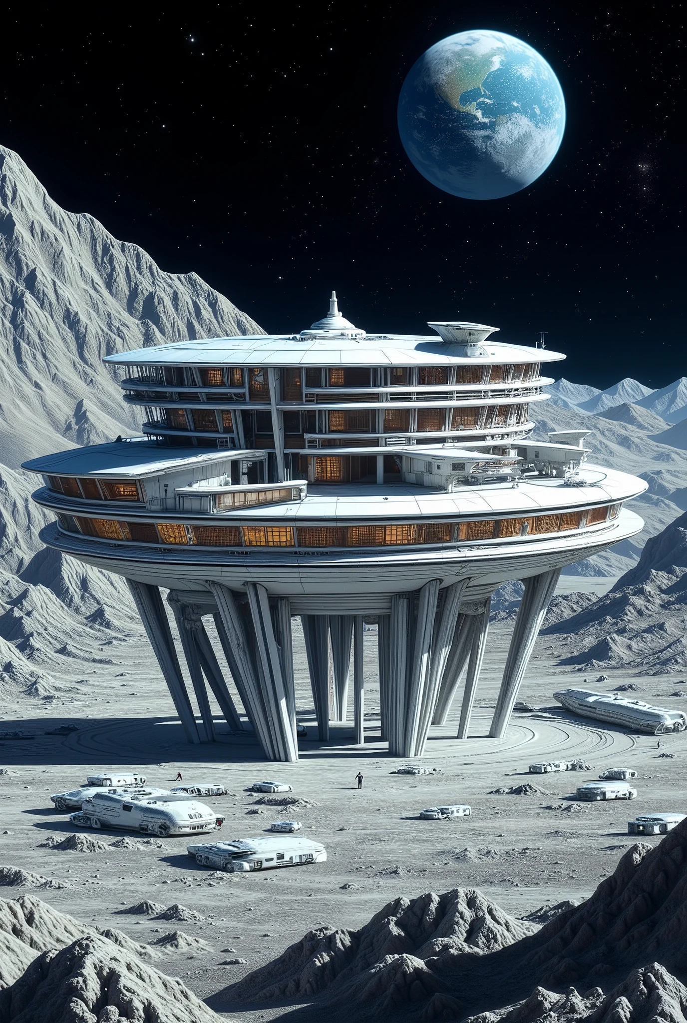 A plate-shaped crater , a futuristic building built on the surface of the Moon . Supported by several steel columns , the building seems to float in the air . A building that can be extended forever from the center out in a spiral shape. It is already about 1 km in diameter . There is no air outside , are not visible so people can only live in buildings . thousands of stars in the sky . The blue Earth is also visible . from a distance, On the Moon can be seen , but large mountains .