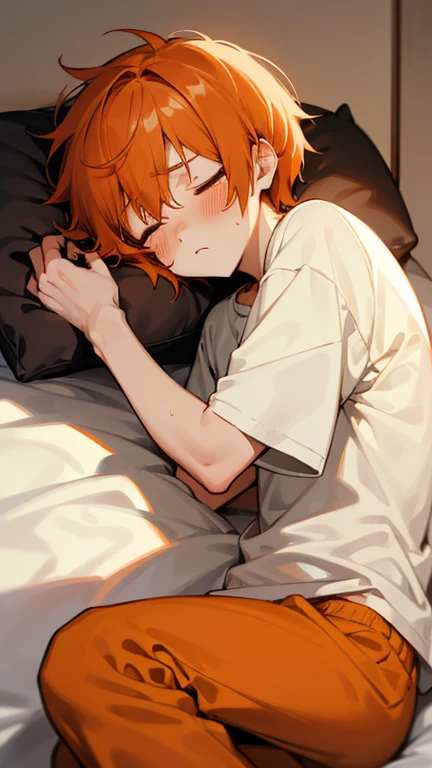 Boy with messy orange hair, bangs, eyes closed, sleeping in bed, slender, thin body, blush on cheeks, needy, sleepy, cute, comfy bed, head on pillow, fair skin, anime boy, young man, shy, sweet, t-shirt, sweatpants