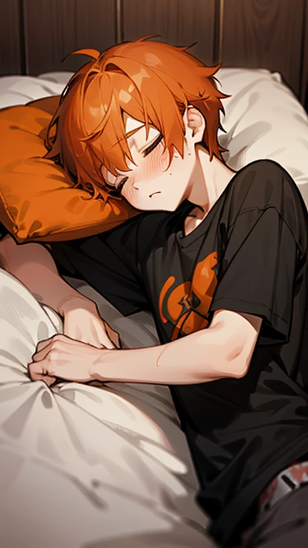 Boy with messy orange hair, bangs, eyes closed, sleeping in bed, slender, thin body, blush on cheeks, needy, sleepy, cute, comfy bed, head on pillow, fair skin, anime boy, young man, shy, sweet, t-shirt, sweatpants