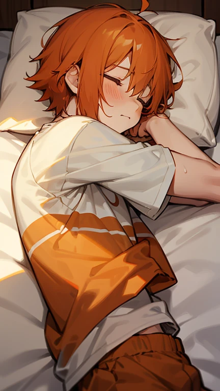 Boy with messy orange hair, bangs, eyes closed, sleeping in bed, slender, thin body, blush on cheeks, needy, sleepy, cute, comfy bed, head on pillow, fair skin, anime boy, young man, shy, sweet, t-shirt, sweatpants