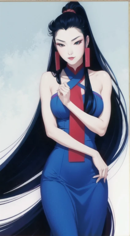 1girl, bare shoulders, black hair, blue dress, blue eyes, chch-style, dated, dress, earrings, facial mark, forehead mark, hair ornament, jewelry, long hair, looking at viewer, mask, sitting, solo, thighhighs