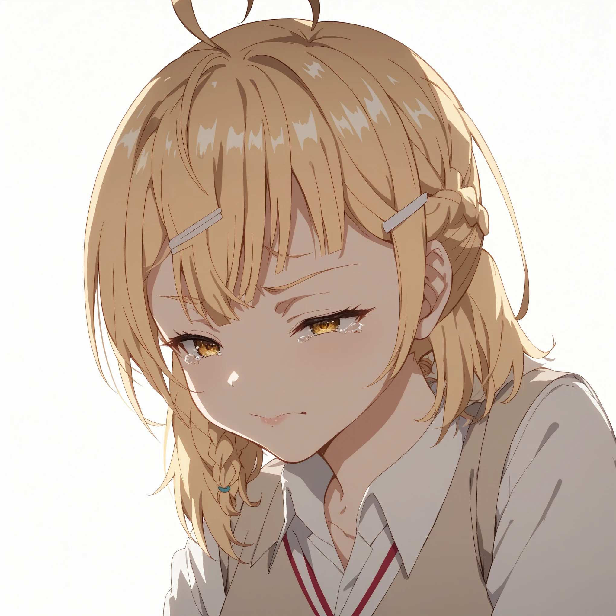 source_anime, nonoamiyamae, nonoamiyamae, blonde hair, short hair, side ponytail, one side up, braid, topper hair, yellow eyes, ahoge, hair clip, hair clips, Tearful, with closed eyes and a sorrowful, vulnerable demeanor. The tears running down her cheeks enhance the emotional intensity,Pose: Slightly hunched forward, showing a moment of sadness or emotional release, with the head tilted downward.