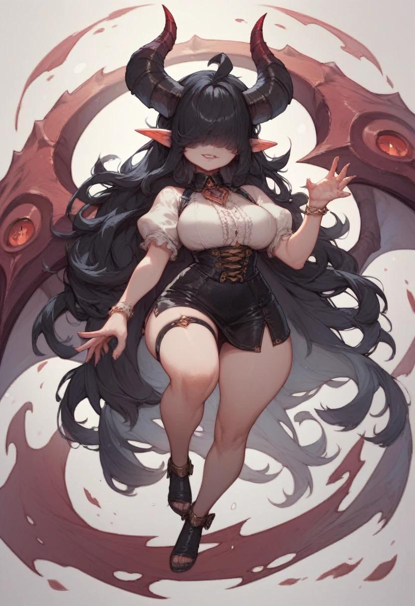 detailed face, big eyes, hair over eyes, demon horns, long hair, pointy ears, black hair, Very very very very very very big boobs,  full body , 1girl