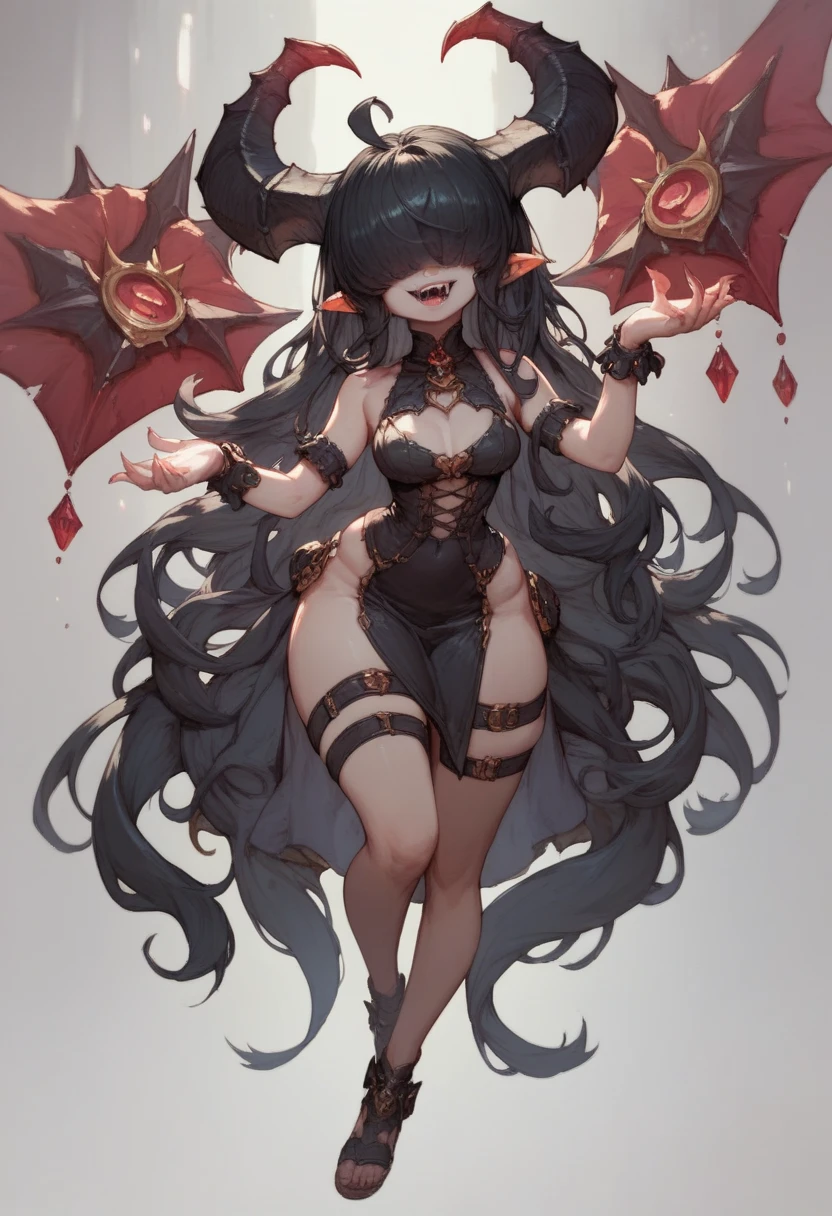 detailed face, big eyes, hair over eyes, demon horns, long hair, pointy ears, black hair, Very very very very very very big boobs,  full body , 1girl