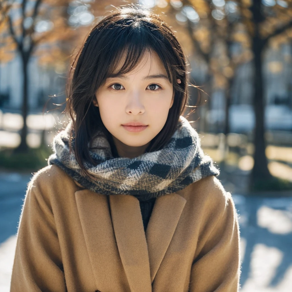 A hyper-realistic image of a single Japanese woman in her early 20s, captured with the strong nostalgic warmth and pronounced graininess of a film camera. She is dressed in winter attire, with a textured coat and scarf that convey a sense of warmth, while the specific colors are left undefined to focus on the overall realism. Her skin has a warm beige tone with a deliberately rough texture, featuring visible pores, slight dryness around the cheeks, and subtle variations in tone that mimic natural imperfections. The softness of her face contrasts with the realistic details of her skin, creating an authentic and tactile appearance. Her large, deep black eyes, with a subtle gloss, reflect the diffused natural light, adding a sense of depth and emotion. Her straight, slightly tousled black hair falls naturally around her face, with a few strands caught in a gentle winter breeze. The film camera effect is intensified, introducing strong grain, subtle color shifts, and a soft focus that evoke a nostalgic and organic atmosphere. The natural light is muted, creating delicate shadows that enhance the contours of her face and the texture of her winter outfit. The overall composition captures the imperfect beauty and raw realism of a single individual, blending film aesthetics with lifelike detail.