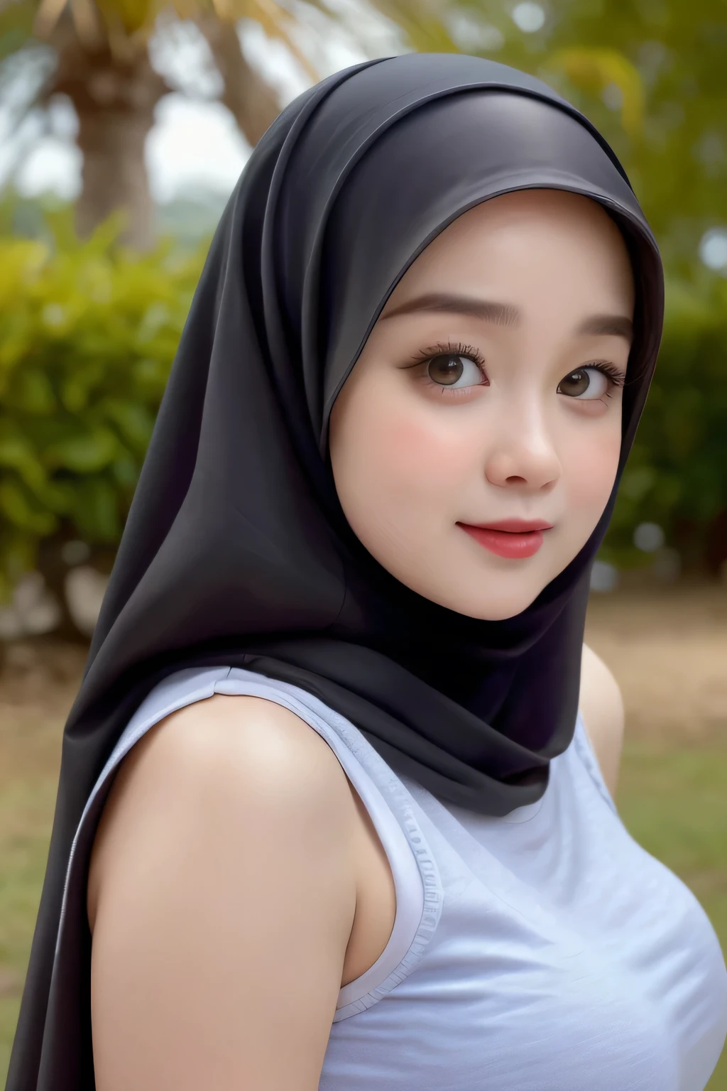 (((Water splash))), (((Stylish wrapped around hijab))), adorable, 1 girl, (face to face), , baby face, happy, half body portrait, (face details: 1), (eye details:1), ((flat breasts)). wearing transparency long shirt, .. Cute posed. proportional body. Ultra High Res. realistic: 1.4, UHD