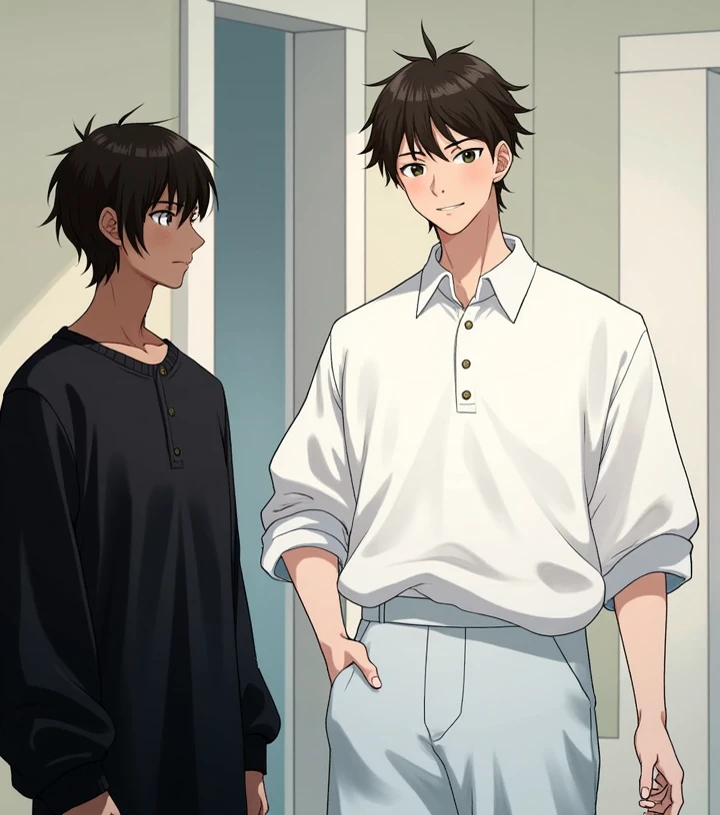 anime style, 25 years old, Brown skinned man, yandere look, yandere expression, Black hair, half of his body exposed, standing up, raised one hand resting on the door frame, slightly masculine, looking at the camera with a smirk
