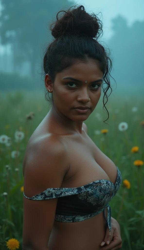 kerala nude **** girl, skinny, **_*********, jut breast, kerala village nature, kerala palakkad kollengode, big curly hair bun, (score_9, score_8_up, score_7_up), blue dew drops, golden gods ray, dandelions flying in the wind, show deep navel, half body, blue atmosphere, glamourous, bindi,moody fogy daylight, r4w photo, dark nipple and dark areola, masterpiece, Extremely Realistic, Realism, Raw photo, Photography, High detailed, photorealistic, shot on sony vanice camera, blue teal orange color grading, realistic hand, ((detailed fingers)), showcasing realistic texture with fine lines, pores, and natural variations. The skin surface shows subtle wrinkles, slight imperfections, and varied tones to emphasize realism. Soft lighting highlights the contours and shadows, revealing the depth and layers of the skin. Tiny hairs, freckles, or slight blemishes are visible, adding authenticity. The background is blurred to keep the focus on the intricate details of the skin texture, creating a lifelike and tactile appearance., dark melanin-rich skin, high detailed hand and figers anatomy, black pleated mini skirt, Minimal clothing with strategic use of shadows, props, or poses for implied nudity, Poses that emphasize curves and form with a strong backlight.Natural postures, like reclining or stretching, to emphasize relaxation and vulnerability, Emphasize minimalism by isolating the subject in a dark or simple environment,Evoke longing, vulnerability, or empowerment through lighting, pose, and expression, Balance sensuality with elegance, ensuring every element contributes to the narrative, Enhance textures like skin and fabric while maintaining natural tones, Create images that transcend traditional eroticism, focusing on artistry and emotional resonance