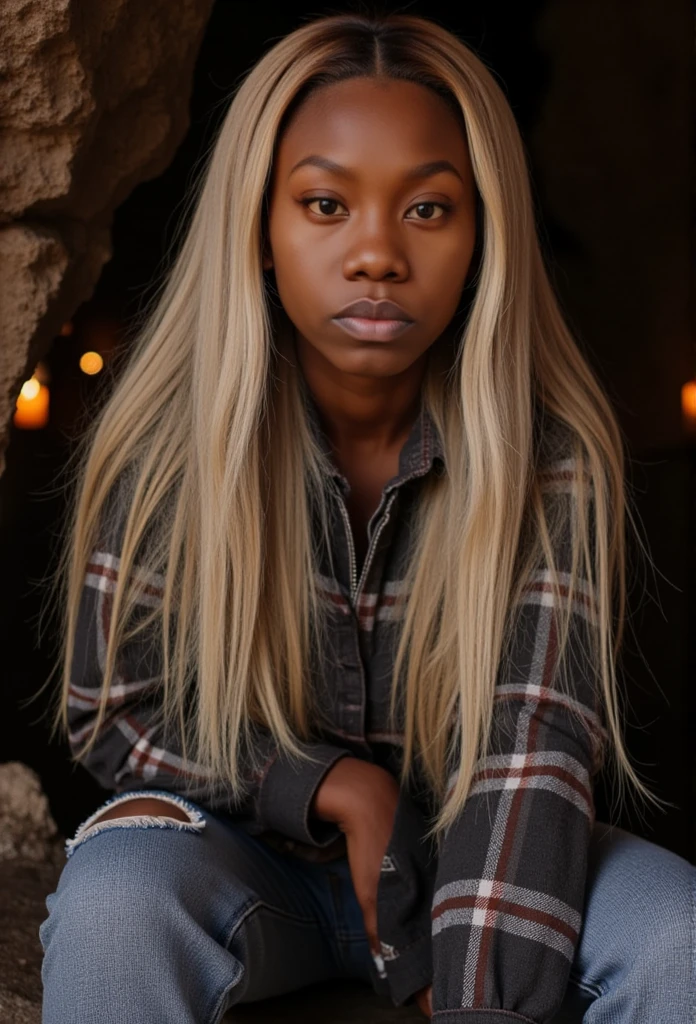 Destini in a photograph of a black woman, (troubled facial expression), textured skin, goosebumps, blonde long flowy silky hair,  plaid flannel shirt with distressed boyfriend jeans, cowboy shot, dark and mysterious cave with unique rock formations and hidden wonders, perfect eyes, (candlelight,chiaroscuro), Porta 160 color, shot on ARRI ALEXA 65, bokeh, sharp focus on subject, shot by Don McCullin