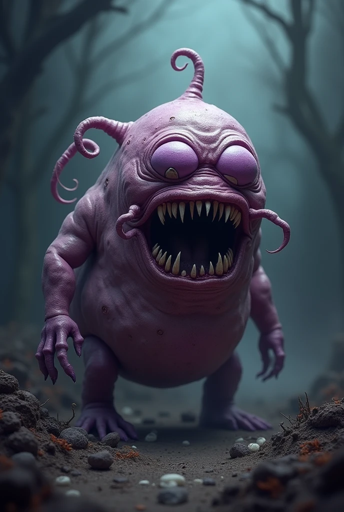 A terrifying depiction of a Barbapapa, closely resembling the original design. The creature has a soft, rounded, and smooth body, with a familiar blob-like shape and bright, solid color (like pink, blue, or yellow). However, this Barbapapa has an eerie twist: its eyes are unnaturally wide, glowing faintly with a ghostly light, and its smile is distorted into a menacing grin. The skin is slightly translucent, revealing dark, twisted veins and shadows beneath the surface. The setting is a dark, ominous forest with gnarled trees and thick fog, creating a sense of isolation and fear. The once cheerful and friendly Barbapapa now appears haunting, with an unsettling aura that sends chills down the spine.