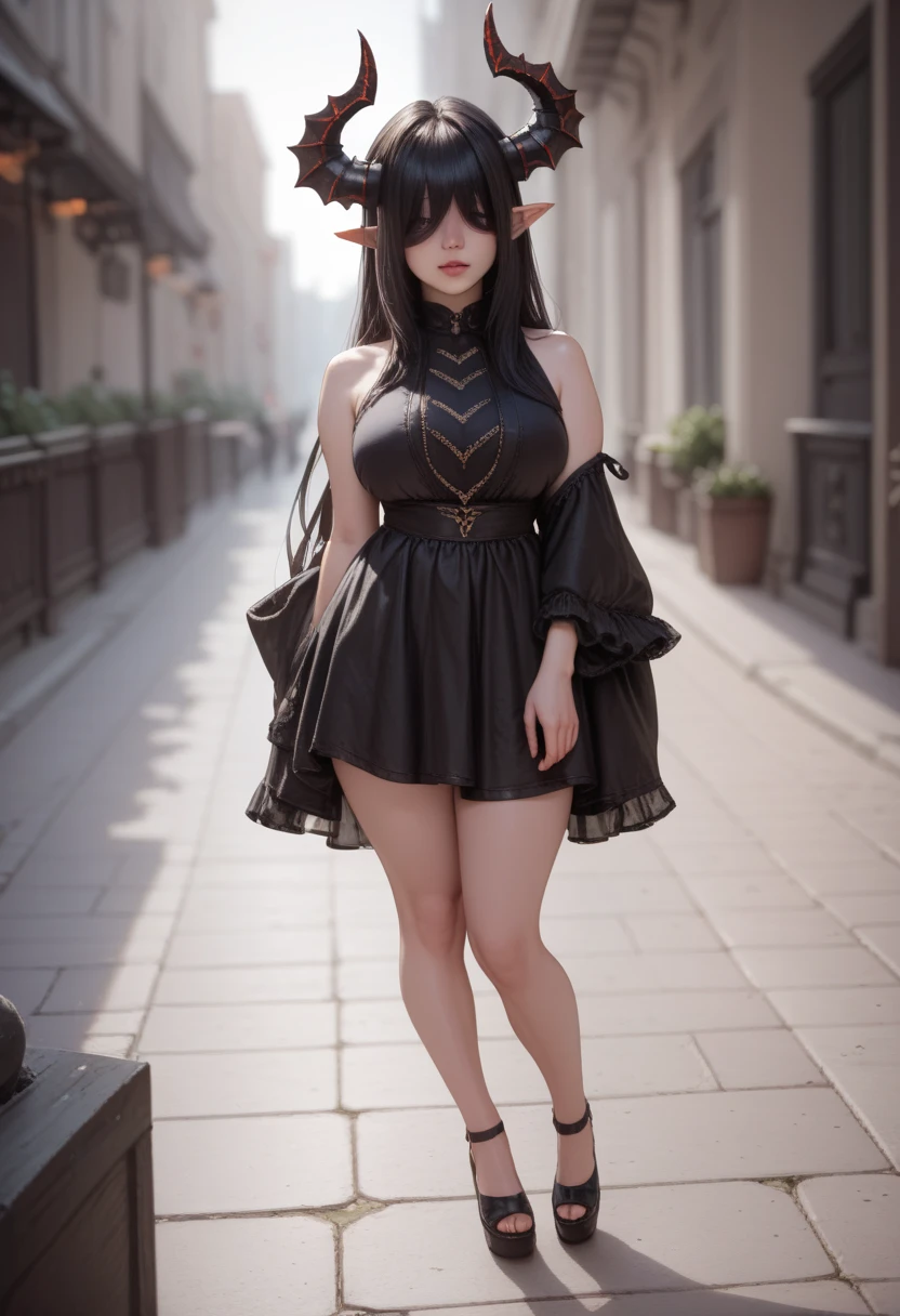 detailed face, big eyes, hair over eyes, demon horns, long hair, pointy ears, black hair, Very very very very very very big boobs,  full body , 1girl