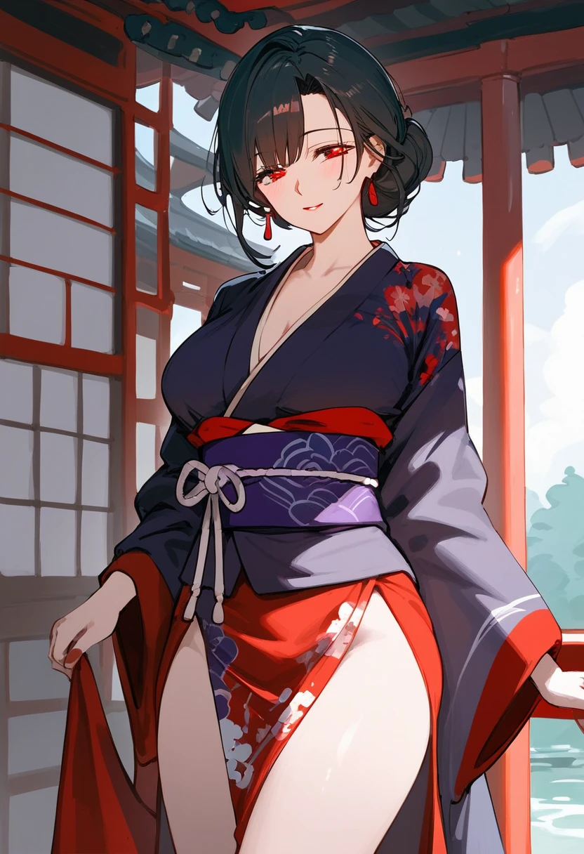 masterpiece, detailed, high quality, absurdres, redk, 1girl, solo, lips, large breasts, curvy, wide hips,
BREAK japanese clothes, red kimono, short kimono, open clothes, choker, cleavage, sash, obi, wide sleeves,
BREAK cowboy shot, town, japanese architecture, dawn, sitting, shy, blush,