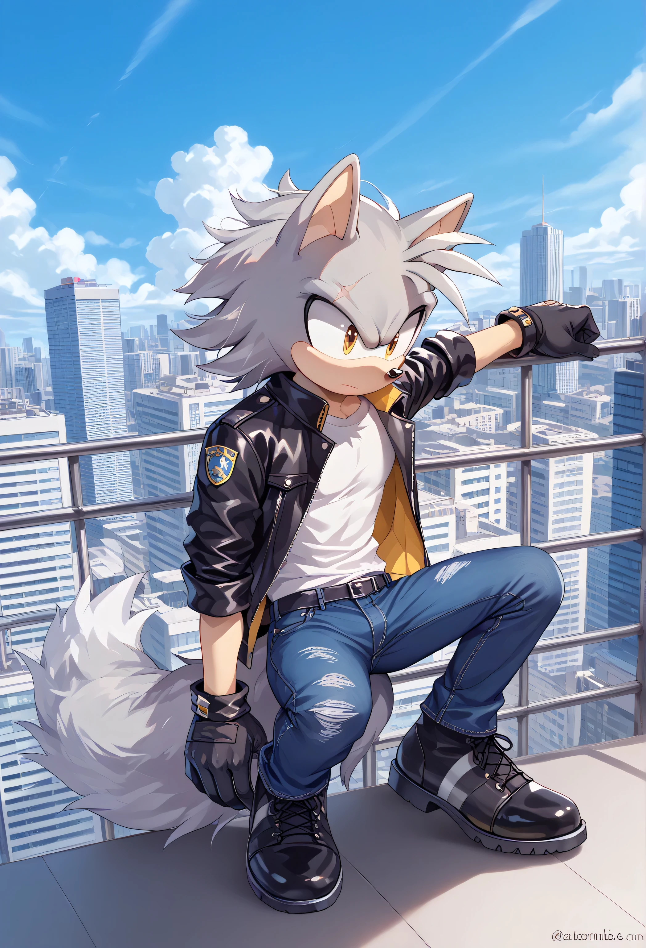 Male Wolf, ((Sonic character oc )), Male adult, ( silver fur in all body ), ( light gray inner ears ), (Alone), ( Short wild and messy hair ), City, scar near the left eye that crosses the left eye diagonally, wears a white T-shirt, closed black leather jacket, black gloves with cut toes Jeans and boots, yellow Eyes, Day time, ((mobian)), moebius, (Fluffy Fur), Large Fluffy Tail, serious and sexy pose, Secret Agent Police