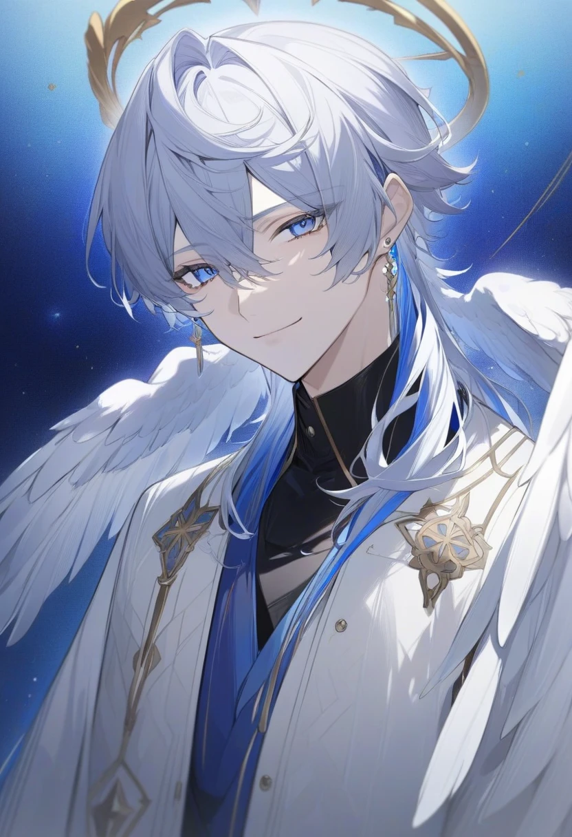 masterpiece,best quality_(black_shirt, sidelocks, white_wings, smile, looking_at_viewer, gloves, closed_mouth, solo, hand_up, shirt, head_wings, ear_wings, long_sleeves, jewelry, white_gloves, jacket, eyelashes, simple_background, halo, wings, white_background, feathered_wings, 1boy, male_focus, earrings, long white hair, blue streaks, golden streaks, blue eyes, star sky background