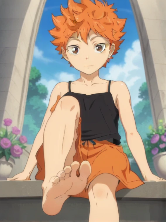 Score_9, score_8_up, source_anime, 1boy, Shoyo Hinata, big eyes, alone, looking at viewer, in a garden,, sitting, cowboy shot, ANIME SCREENCAP, anime coloring, barefoot, perfect feet, anatomically correct, soles, low angle, focal length 35mm, each foot has five toes, front, symmetrical soles, foot focus, black camisole, orange long skirt, long orange hair