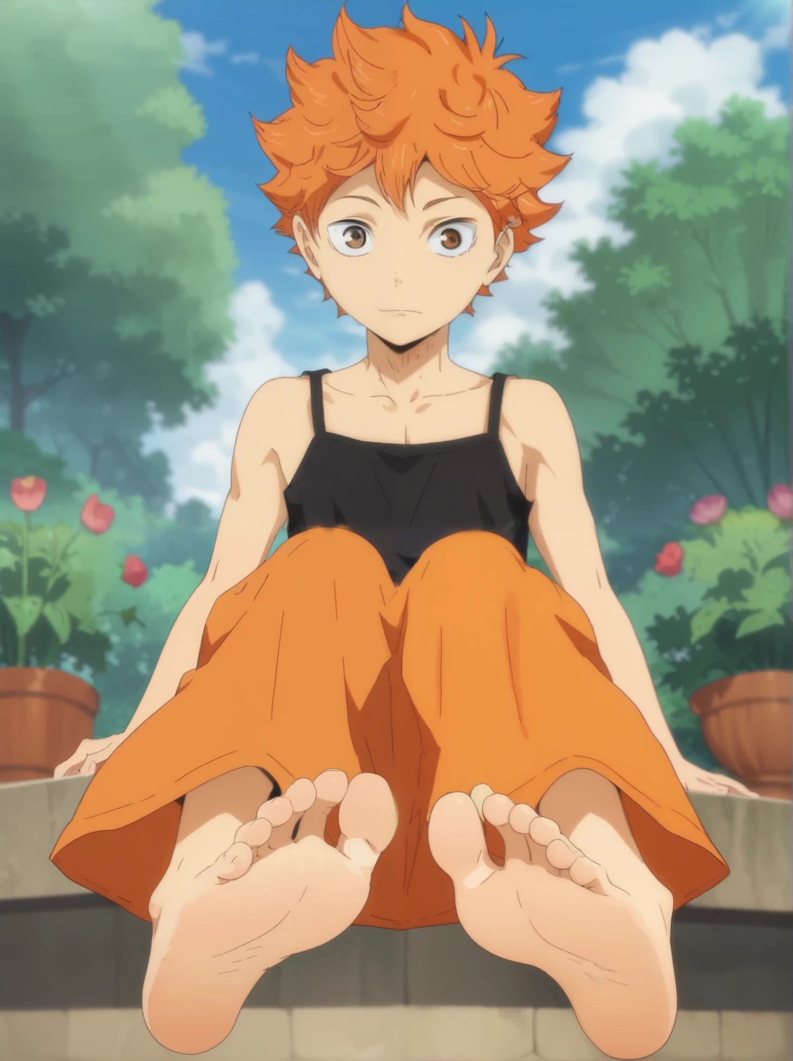 Score_9, score_8_up, source_anime, 1boy, Shoyo Hinata, big eyes, alone, looking at viewer, in a garden,, sitting, cowboy shot, ANIME SCREENCAP, anime coloring, barefoot, perfect feet, anatomically correct, soles, low angle, focal length 35mm, each foot has five toes, front, symmetrical soles, foot focus, black camisole, orange long skirt, long orange hair