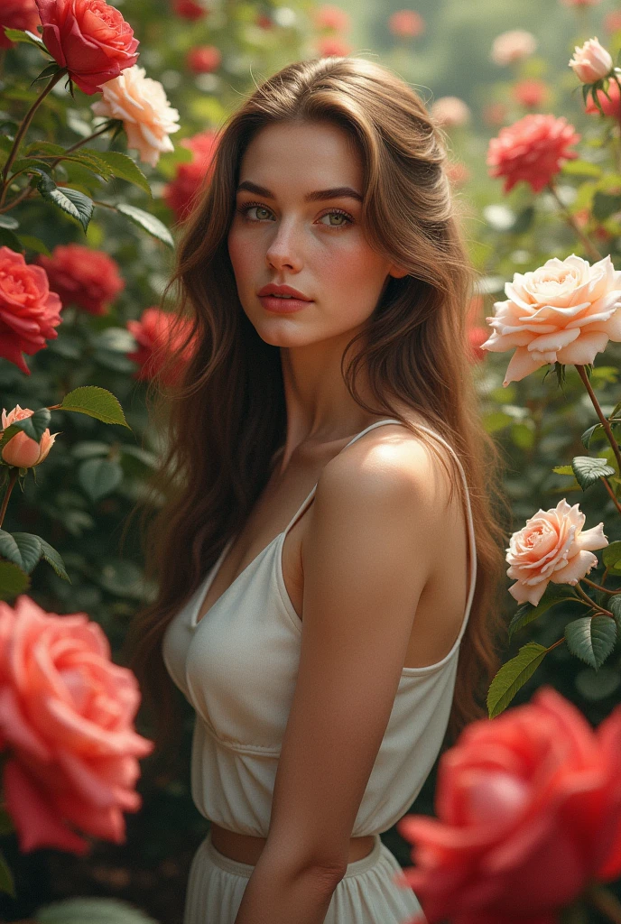 A nude caucasian 16 year old girl , hide behind a very thin red rose plant, whit only 2 flower covering her nudity. She also very embarresed and semiinclinated y a full view camera