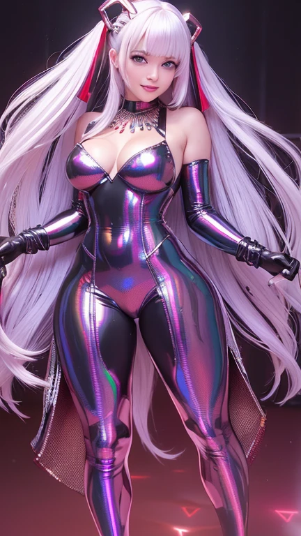 Masterpiece, best quality, 1girl, with long flowing iridescent hair in shades of purple, blue, and green, wearing a sleek black bodysuit, standing in a dramatic pose with one hand on her hip and the other holding a glowing, magical crystal ball. In the background, a swirling vortex of light and energy adds to the mysterious and enchanting atmosphere of the scene. glow hair, multicolor hair