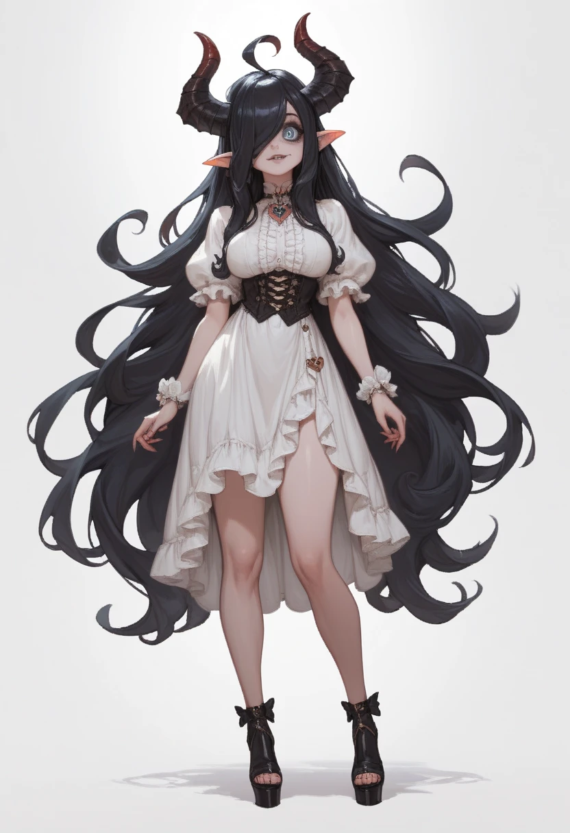 detailed face, big eyes, hair over eyes, demon horns, long hair, pointy ears, black hair, Very very very very very very big boobs,  full body , 1girl