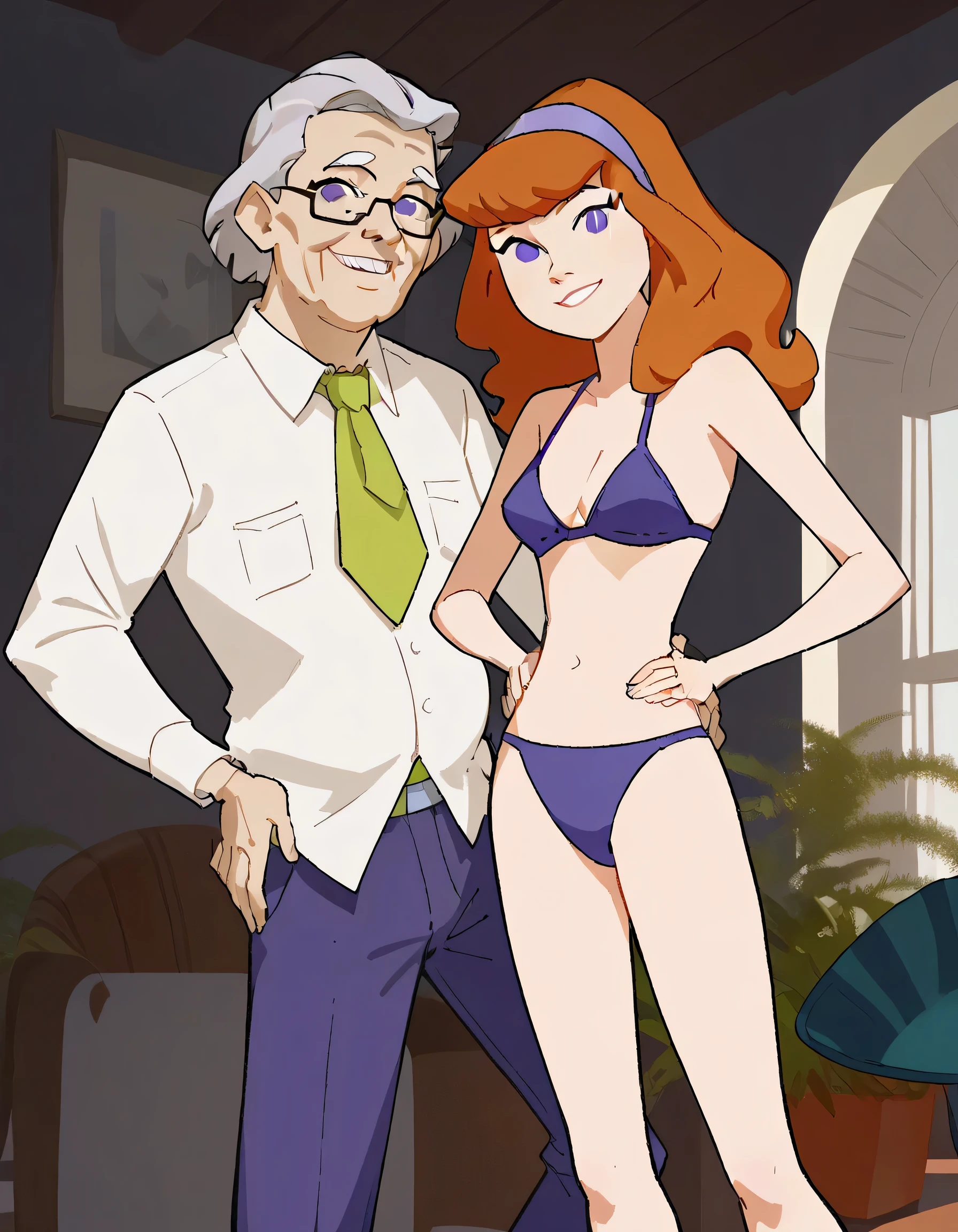 daphneb, 1girl, solo, long hair, hairband, orange hair, purple bikini , purple eyes, smile, long legs , barefoots , smile, looking at viewer, hands on the hips , 1man , old man , grabbing girl body , score_9, score_8_up, score_7_up, score_6_up, score_5_up, score_4_up