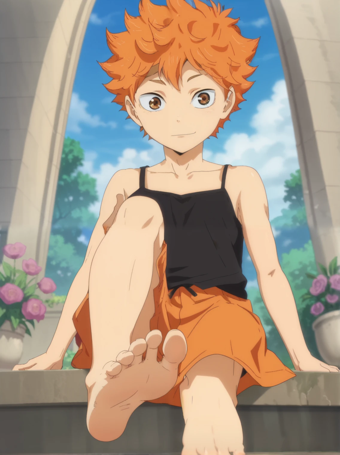 Score_9, score_8_up, source_anime, 1boy, Shoyo Hinata, big eyes, alone, looking at viewer, in a garden,, sitting, cowboy shot, ANIME SCREENCAP, anime coloring, barefoot, perfect feet, anatomically correct, soles, low angle, focal length 35mm, each foot has five toes, front, symmetrical soles, foot focus, black camisole, orange long skirt, long orange hair