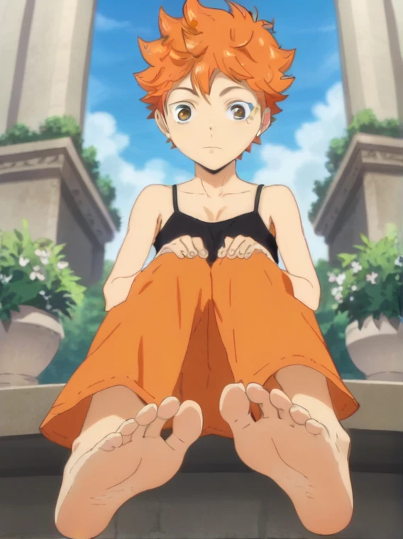 Score_9, score_8_up, source_anime, 1boy, Shoyo Hinata, big eyes, alone, looking at viewer, in a garden,, sitting, cowboy shot, ANIME SCREENCAP, anime coloring, barefoot, perfect feet, anatomically correct, soles, low angle, focal length 35mm, each foot has five toes, front, symmetrical soles, foot focus, black camisole, orange long skirt, long orange hair