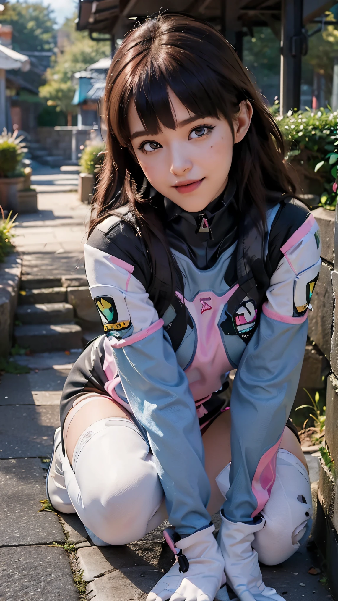 Tracer da overwatch,(best qualityer,4K,8k,high resolution,work of art:1.2)(weather: cloudy), Mondstadt forest background, forest road, freckles, sweatshirt, mechanical armor, tight blue and pink bodysuit, pink whiskers, white gloves, white boots, headset, long straight hair, brown hair, ultra detailed, realistic,portraite,beautiful detailed hazel eyes, glowing eyes,blush,beautiful detailed lips,extremely detailed eye and face, long eyelashes,sexly,average, large breasts,beaming smile, flirty smile,powerful girl, cute pose, stunning curves,bright coloured,dramatic lighting,