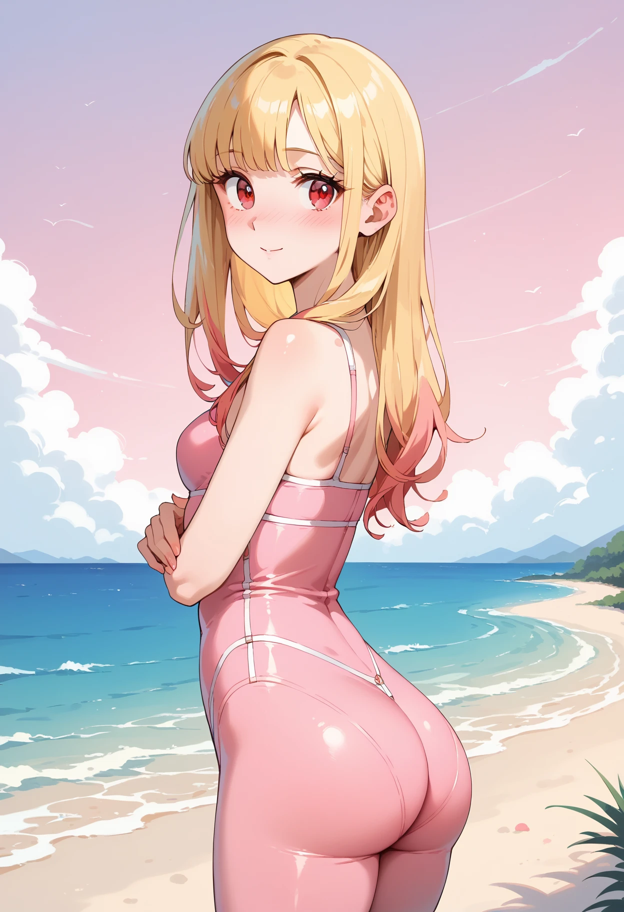 (highest quality:1.2, Very detailed, Latest, Vibrant, Super Detail, Ultra-high resolution, High Contrast, masterpiece:1.2, highest quality, Best aesthetics, there is:0.9), alone, (1 female), kitagawa marin, blonde hair, ponk highlights, (red eyes:1.3), minimal, 1girl, solo, red eyes, nose blush, shy, looking at viewer, ((tight round butt)), cute overload, small breasts, slim figure, contrapposto, (beautiful sandy shore), (ocean in background), (beautiful pink sky),
