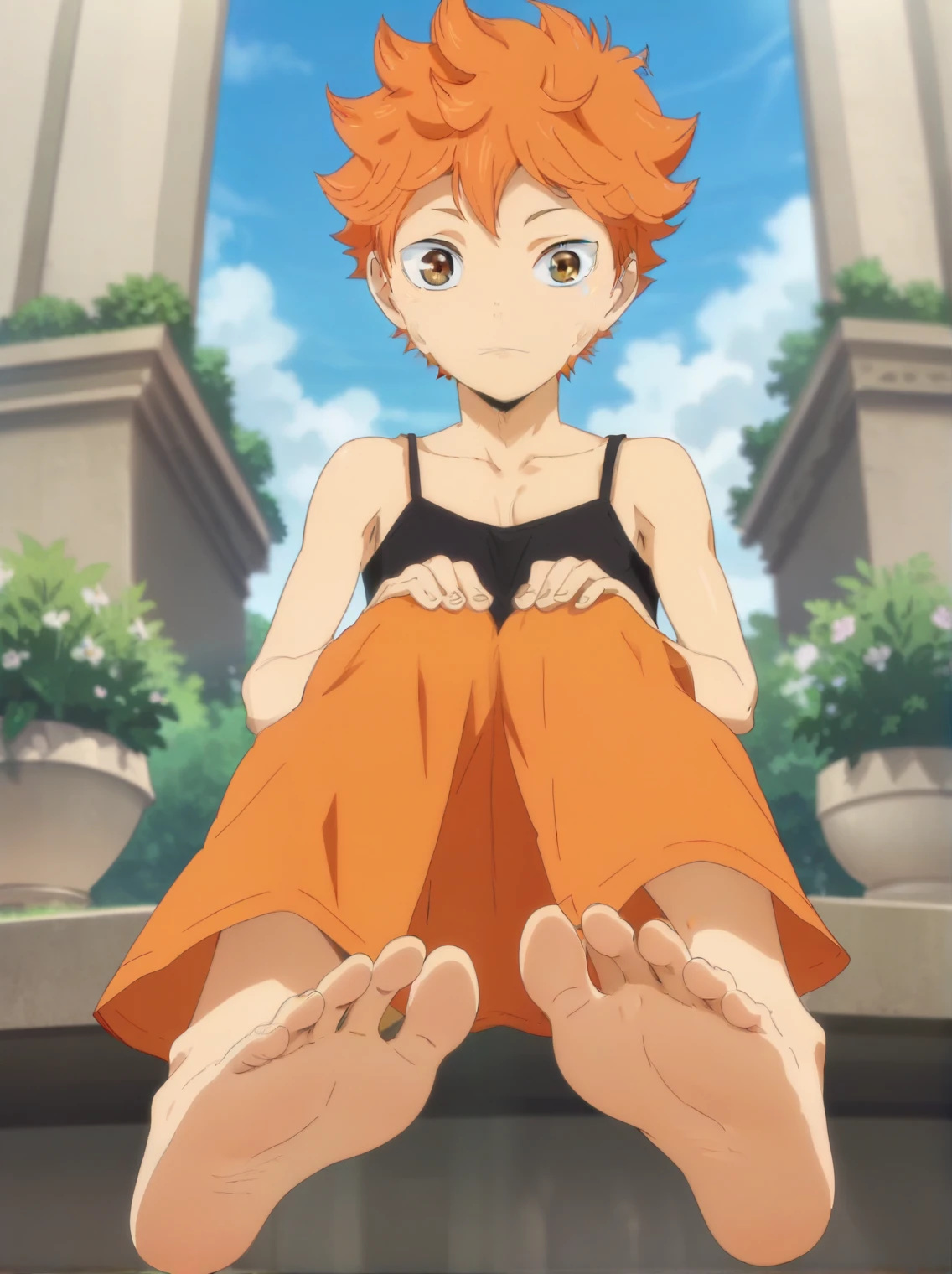 Score_9, score_8_up, source_anime, 1boy, Shoyo Hinata, big eyes, alone, looking at viewer, in a garden,, sitting, cowboy shot, ANIME SCREENCAP, anime coloring, barefoot, perfect feet, anatomically correct, soles, low angle, focal length 35mm, each foot has five toes, front, symmetrical soles, foot focus, black camisole, orange long skirt, long orange hair