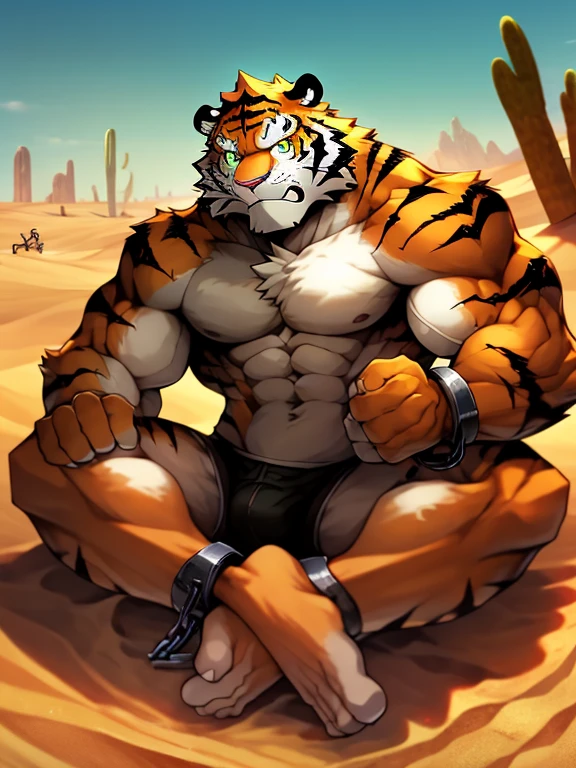 Very muscular white tiger, big pectorals, Kale, Heavyweight, bodybuilder building, sweaty, venous muscle, lying on the beach, serious angry expression, shining skin, Color Vibrant, 4K, 真实感, cool lighting