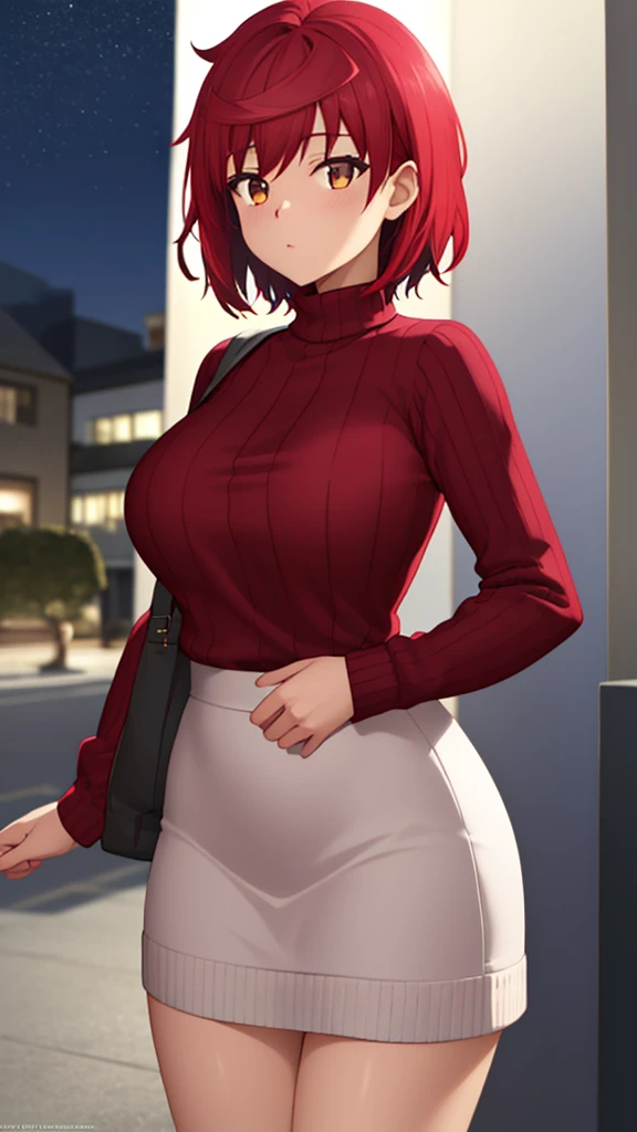 masterpiece, best quality, highres, girl, solo, looking at viewer, enjou_retto, Red hair, Brown Eyes, large breasts, sweater dress, long sleeves, turtleneck, outdoors, street, standing, cowboy shot, night