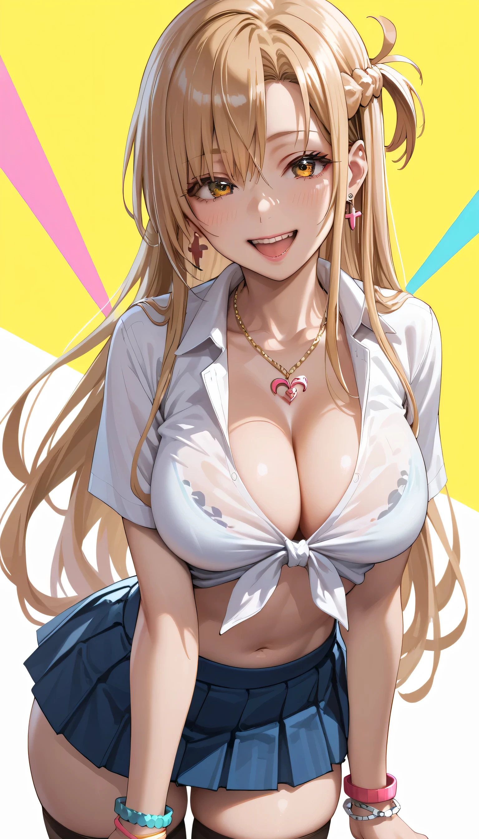 masterpiece, best quality, SimplePositiveXLv2, yuuki asuna, 1girl, solo, long hair, breasts, large breast, curvy, blonde hair, cleavage, 1girl, breasts, thighhighs, solo, large_breasts, collared shirt, tied shirt, pleated skirt, flashy gyaru, happy, showy,too many accessories, colorful , kogal, kogal gyaru, necklace, earrings, bracelet, navel, midriff,