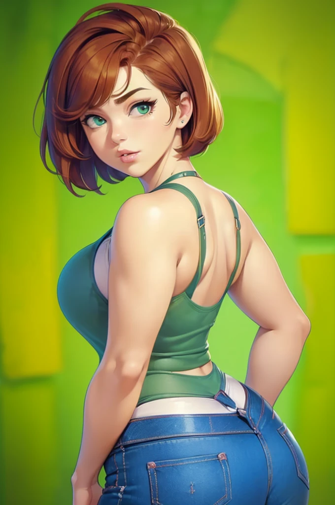 (1girl) ((Masterpiece)) ((High Quality)) ((Perfect Face)) ((Beautiful)) ((Round face)) ((Auburn hair)) ((Short Hair)) ((Cute Nose)) ((Green Eyes)) ((Light Skin)) ((Camisole)) ((Tight jeans)) ((Full lips))(take it from behind ) (((round ass))) ((( looking over the shoulder at the camera )))