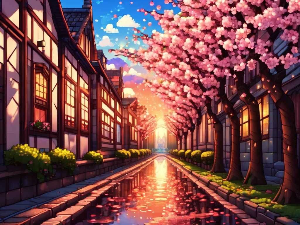 (symmetric:1.6), (Low angle shot :1.3), (pixel art:1.3), (A long gothic street with cherry blossom trees),  splash water, (sunset), (((stained glass)))