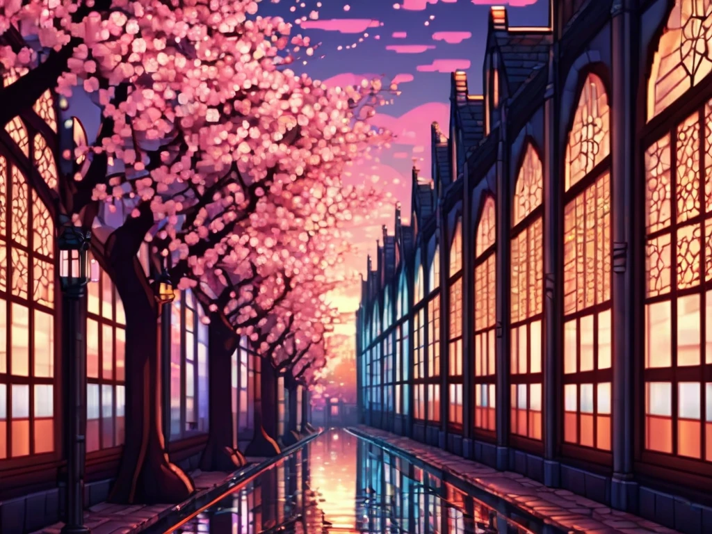 (symmetric:1.6), (Low angle shot :1.3), (pixel art:1.3), (A long gothic street with cherry blossom trees),  splash water, (sunset), (((stained glass)))