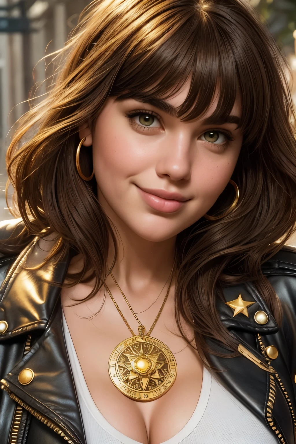 absurd quality. natural lighting . hyperrealism . fantastic comic book style illustration . A plus-size girl , brown hair with bangs , olive eyes detailed , shy smile , Wear leather jacket with gold stars on the shoulders over a white t-shirt. Wear a gold medallion with zodiac signs around your neck. huge natural breasts . Close no rosto. Close-up. LUMINOUS GOLDEN AURA, superpowers. lush. carefree. With attitude . seductive.