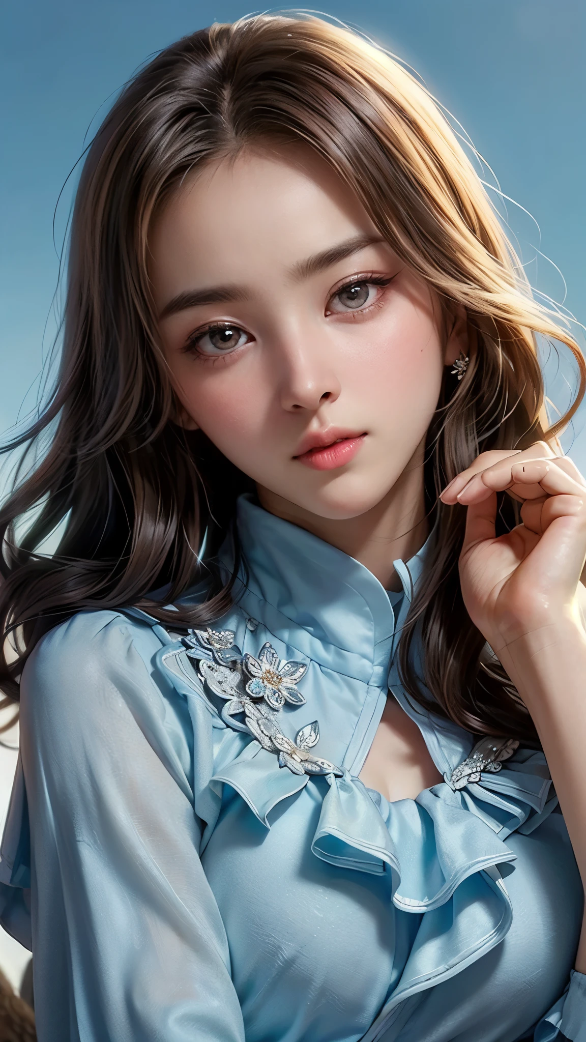 (masterpiece), ( top notch ), ( high quality detail ), (illustration), (1 woman),  are watching viewers, (Interview),  beautiful detailed eyes ,  delicate and beautiful face , Floating , (Highly saturated ), (shining),  blue sky, Bright and beautiful face,  Her skin is young, radiant, , 공정하고 shining, Best appearance , Very beautiful,  big eyes shine with clear sky blue light,  beautiful and amazing beautiful girl ,