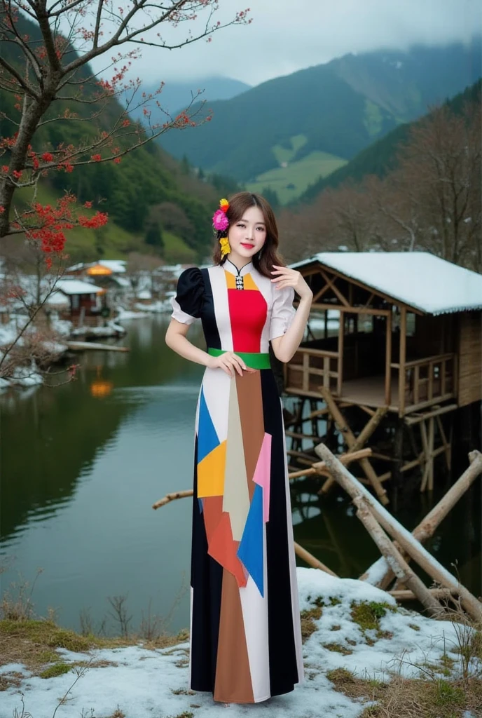 A stylishly dressed young woman stands gracefully in front of a dimly lit winter street. She is wearing a colorful maxi mini dress with a geometric pattern and a bright flower accessory in her hair. The contrast between the woman's elegant pose and the colorful modern outfit creates an attractive contrast posing outdoors near a peaceful river with a wooden waterwheel and a backdrop of lush green hills. The backdrop is alive with natural beauty, including bamboo structures and red decorations on nearby trees, giving the scene a lively and cultural atmosphere