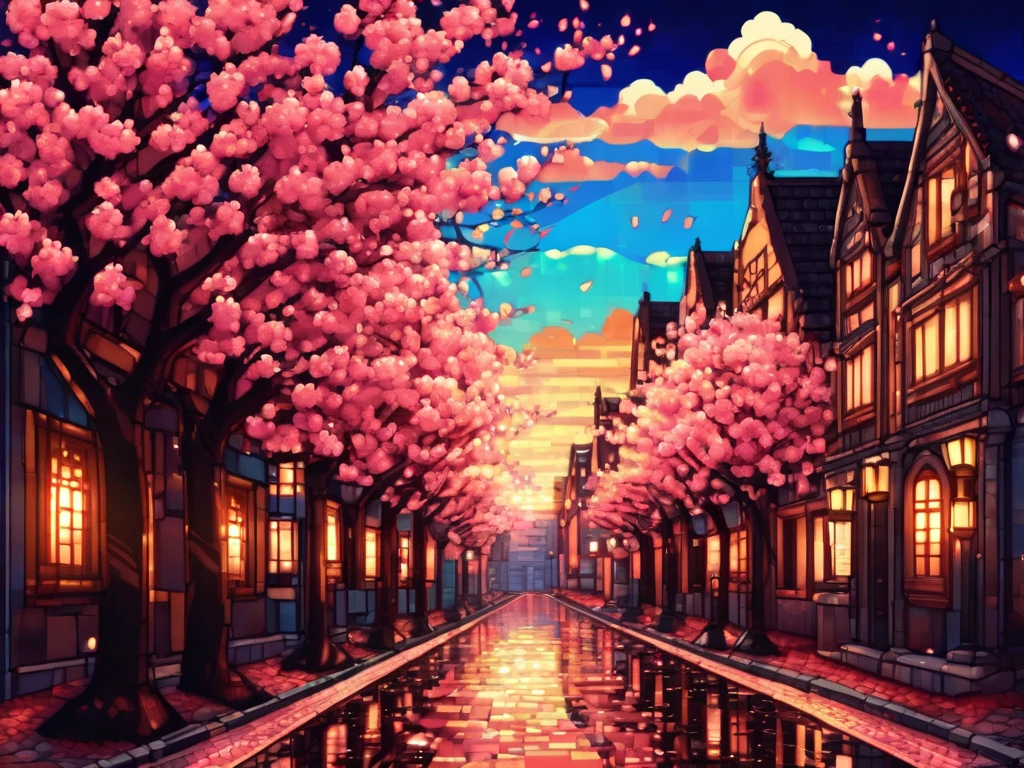 (symmetric:1.6), (Low angle shot :1.3), (pixel art:1.3), (A long gothic street with cherry blossom trees),  splash water, (sunset), (((stained glass)))