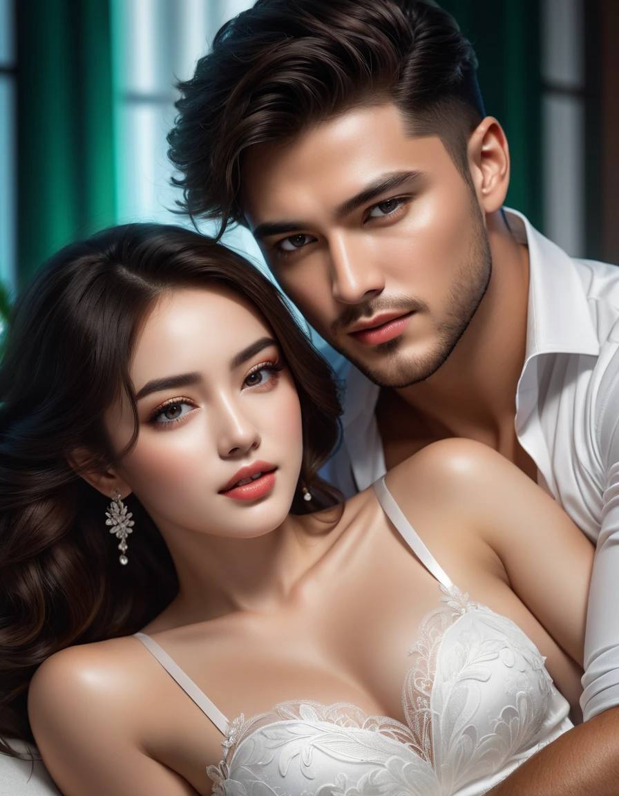 Beautiful woman hugging a handsome man. The man is looking at the camera, The woman is looking to the side. qualidade perfeita.
