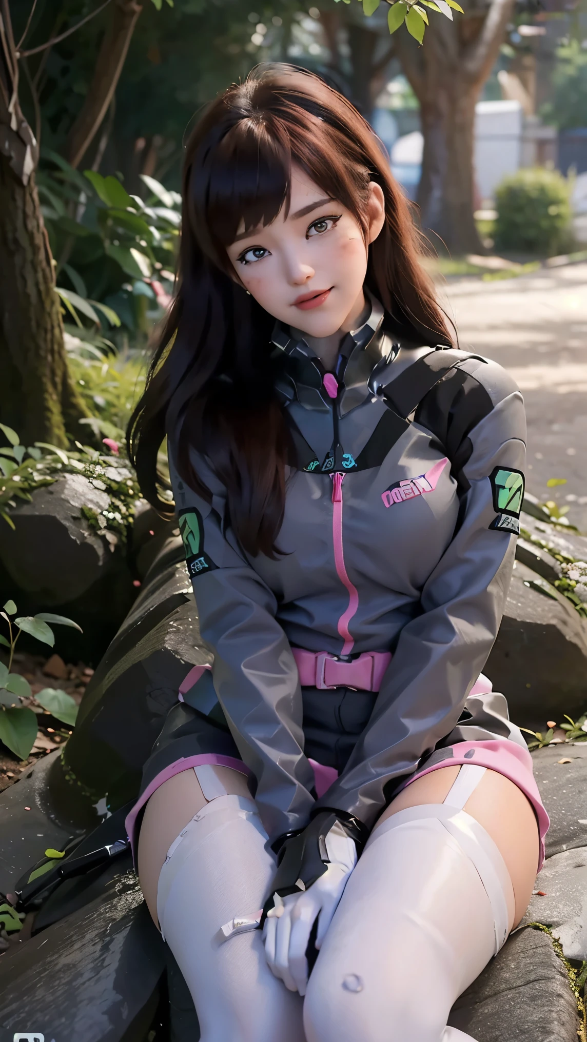 Tracer da overwatch,(best qualityer,4K,8k,high resolution,work of art:1.2)(weather: cloudy), Mondstadt forest background, forest road, freckles, black and pink jacket, mechanical armor, tight blue and pink bodysuit, pink whiskers, white gloves, white boots, cap, long straight hair, brown hair, ultra detailed, realistic,portraite,beautiful detailed hazel eyes, glowing eyes,blush,beautiful detailed lips,extremely detailed eye and face, long eyelashes,sexly,average, large breasts,beaming smile, flirty smile,powerful girl, sexy pose, stunning curves,bright coloured,dramatic lighting, sitting,