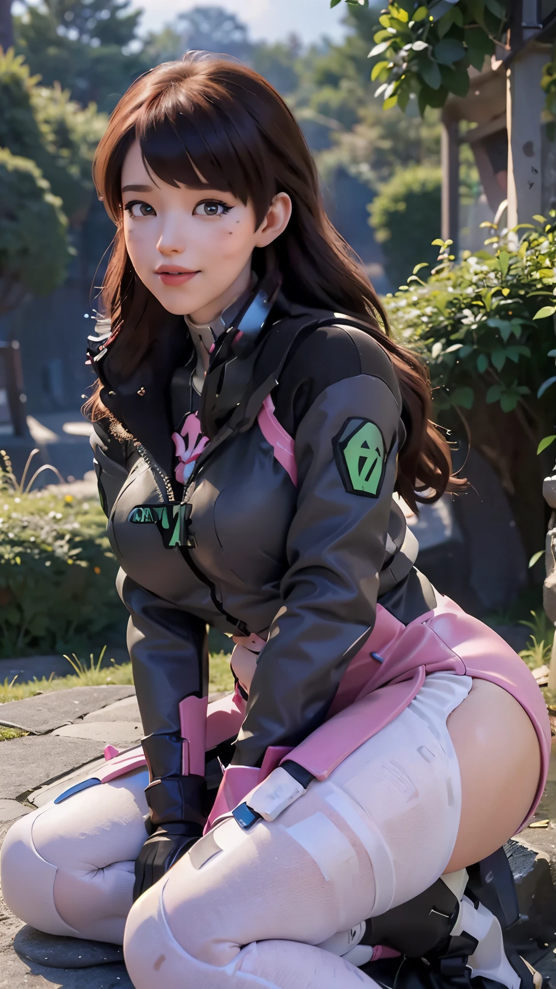 Tracer da overwatch,(best qualityer,4K,8k,high resolution,work of art:1.2)(weather: cloudy), Mondstadt forest background, forest road, freckles, black and pink jacket, mechanical armor, tight blue and pink bodysuit, pink whiskers, white gloves, white boots, cap, long straight hair, brown hair, ultra detailed, realistic,portraite,beautiful detailed hazel eyes, glowing eyes,blush,beautiful detailed lips,extremely detailed eye and face, long eyelashes,sexly,average, large breasts,beaming smile, flirty smile,powerful girl, sexy pose, stunning curves,bright coloured,dramatic lighting, sitting,