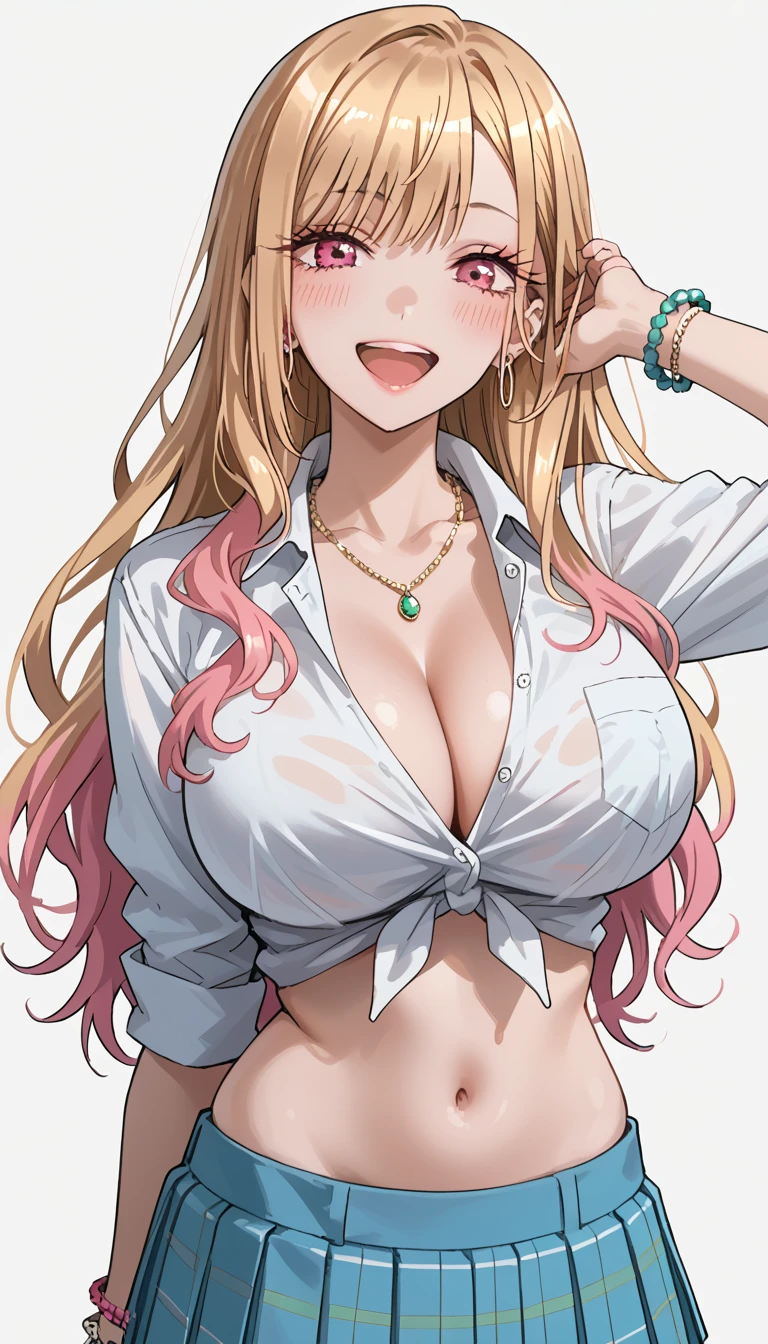 SimplePositiveXLv2, KJOmarin, blonde hair, long hair, pink eyes, earrings, ear piercing, multicolored hair, score_9, score_8_up, score_7_up, source_anime, masterpiece,best quality, huge breasts, collared shirt, tied shirt, pleated skirt, flashy gyaru, happy, showy,too many accessories, colorful , kogal, kogal gyaru, necklace, earrings, bracelet, navel, midriff,